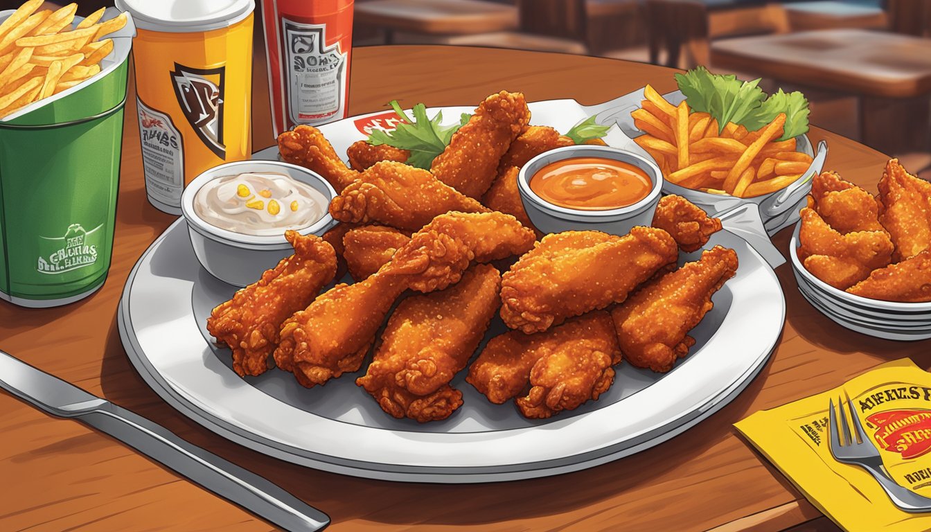 A plate of sizzling hot ghost pepper wings surrounded by promotional materials at a Church's Texas Chicken restaurant