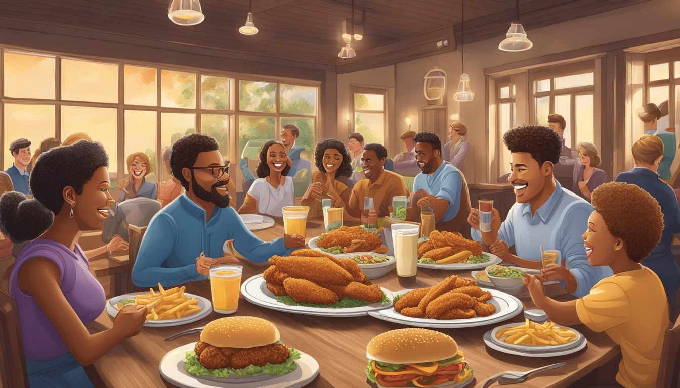 A table set with Church's Texas Tenders Meal, surrounded by happy customers enjoying the promotions