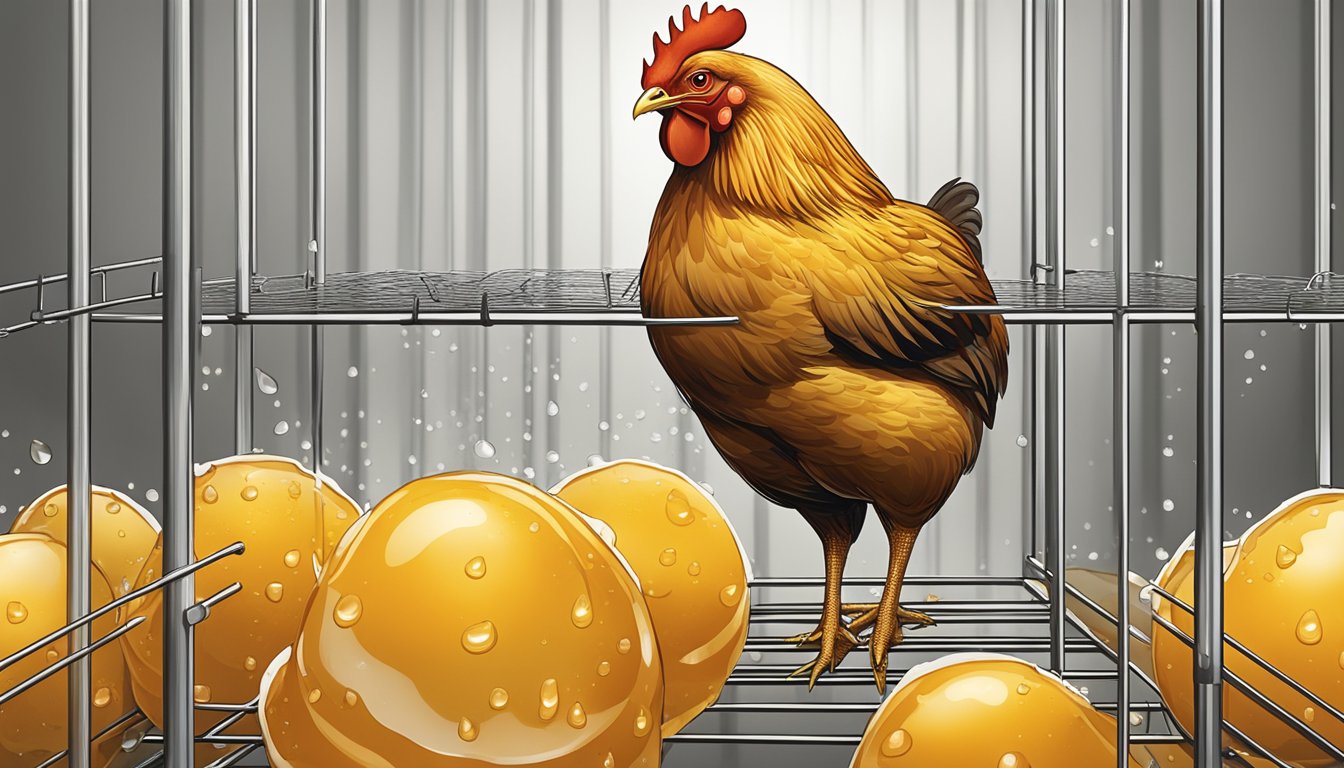 A plump, golden-brown chicken resting on a wire rack with droplets of juice glistening on its crispy skin