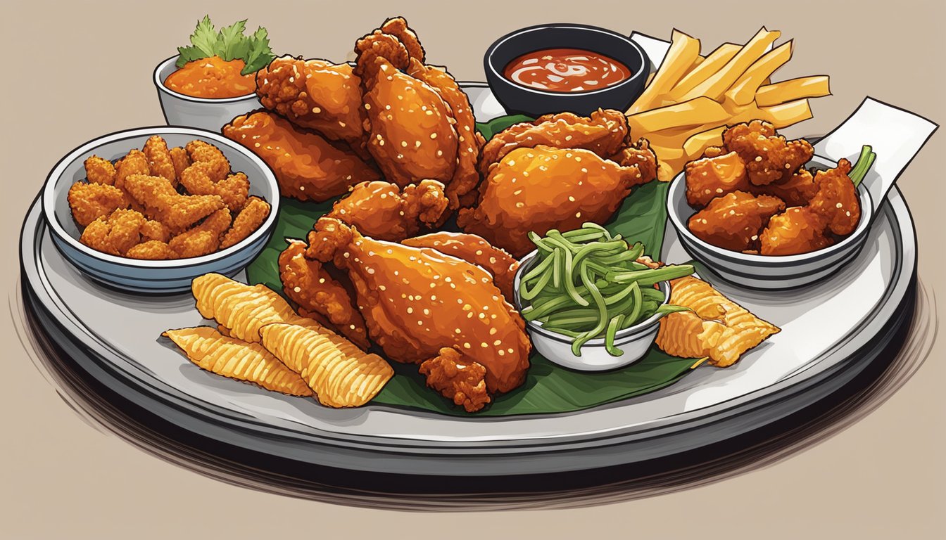 A plate of Korean spicy wings surrounded by various Church's Texas Chicken menu items from around the world