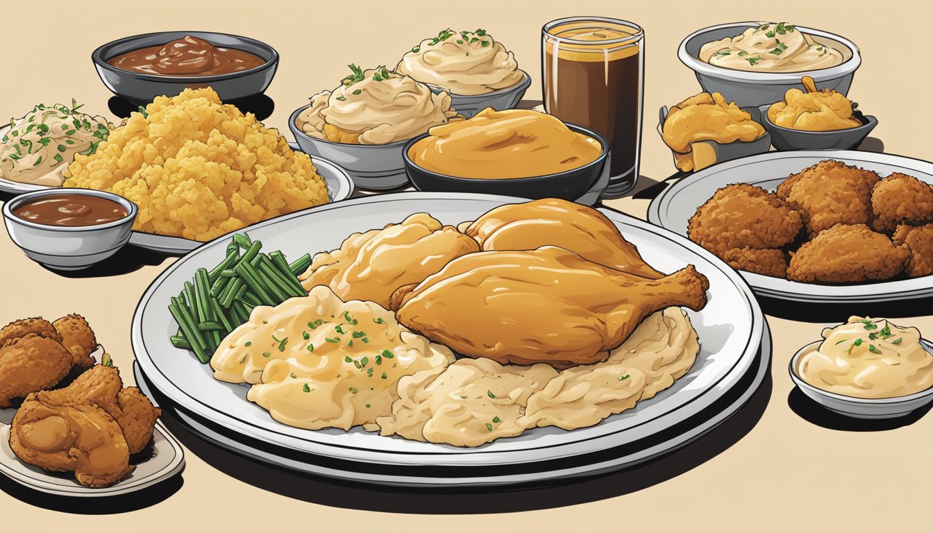 A plate of creamy mashed potatoes with rich gravy, surrounded by 12 different Church's Texas Chicken menu items from around the world