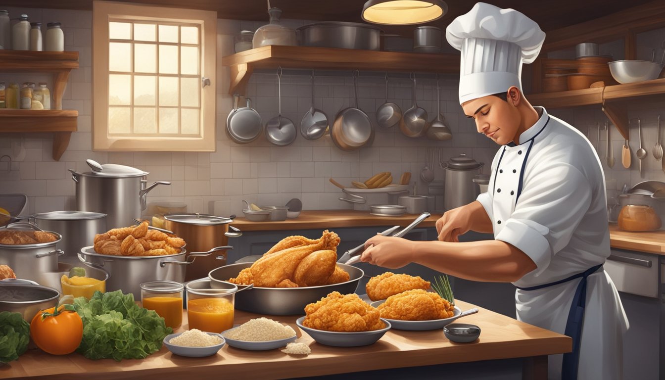 A chef in a kitchen, surrounded by various ingredients and cooking utensils, carefully preparing Church's Texas Chicken using secret training techniques