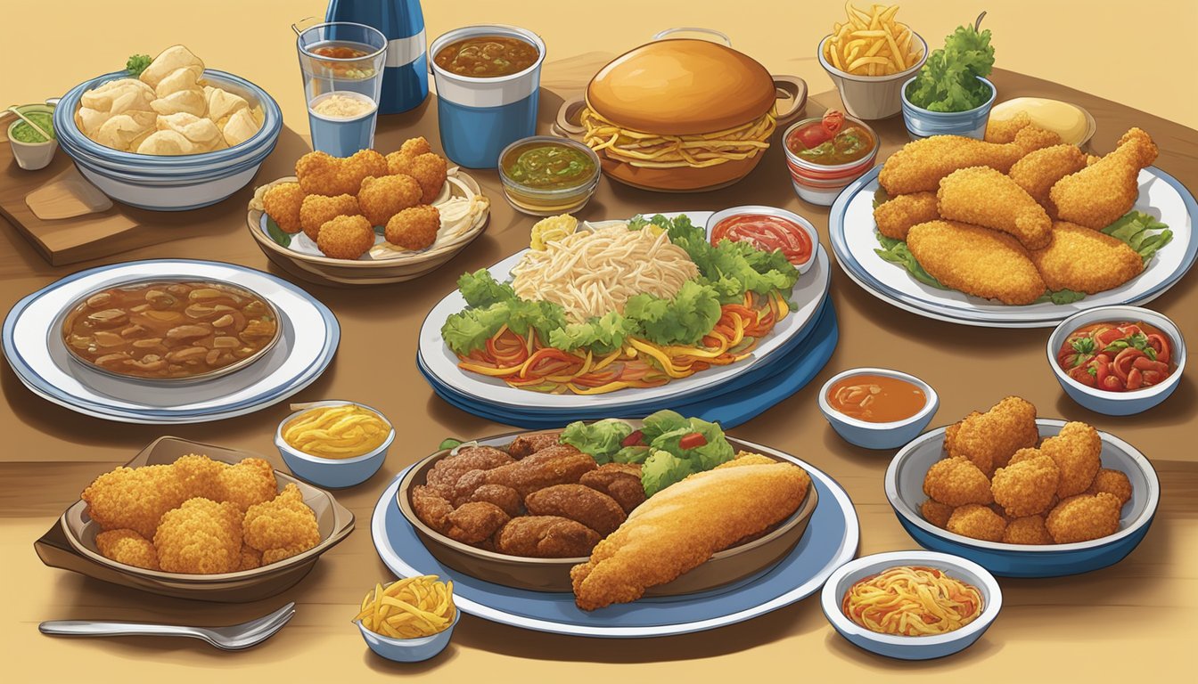 A table with 12 diverse dishes from different countries, representing the cultural influence on menu items at Church's Texas Chicken