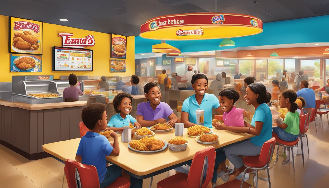 A family enjoying combo meals at Church's Texas Chicken, surrounded by colorful signage and a bustling, friendly atmosphere