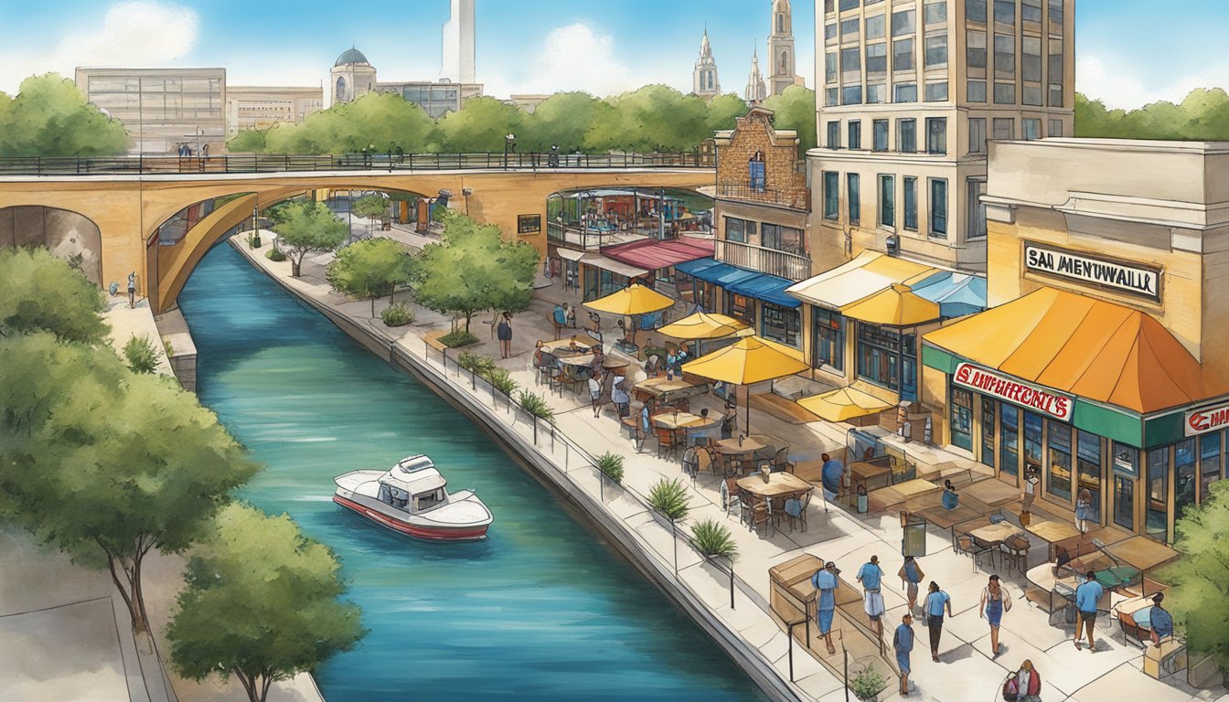 The San Antonio Riverwalk winds past 8 Church's Texas Chicken locations, offering picturesque views of the city's iconic waterway