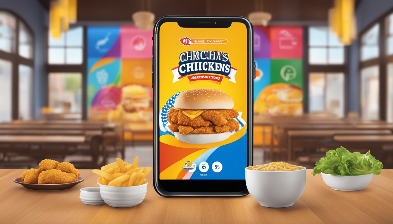 A colorful digital display showcasing 6 app features with Church's Texas Chicken logo and exclusive promotions