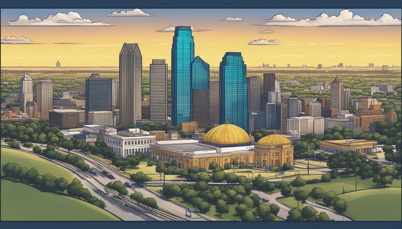 The Dallas skyline is seen from a distance with 8 Church's Texas Chicken locations in the foreground, each offering a unique and picturesque view