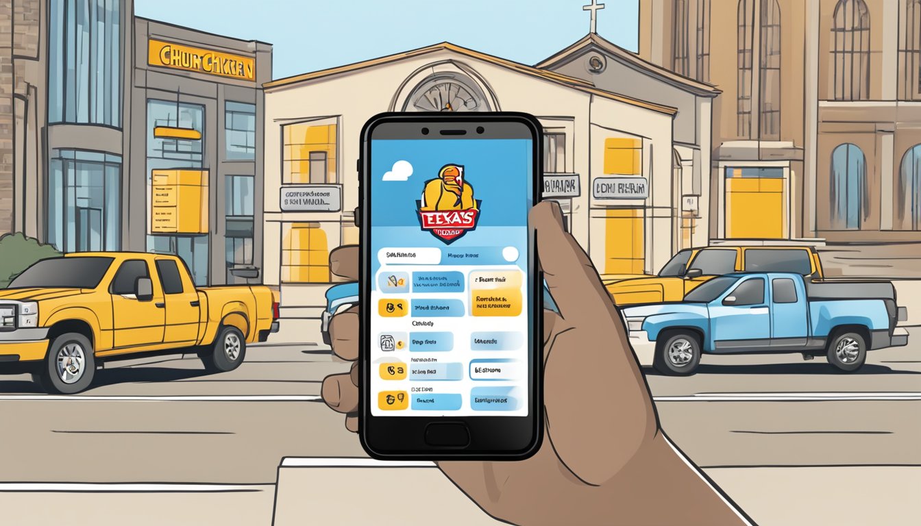 A smartphone with the Church's Texas Chicken app open, showing the pickup scheduling feature with six highlighted app features surrounding it