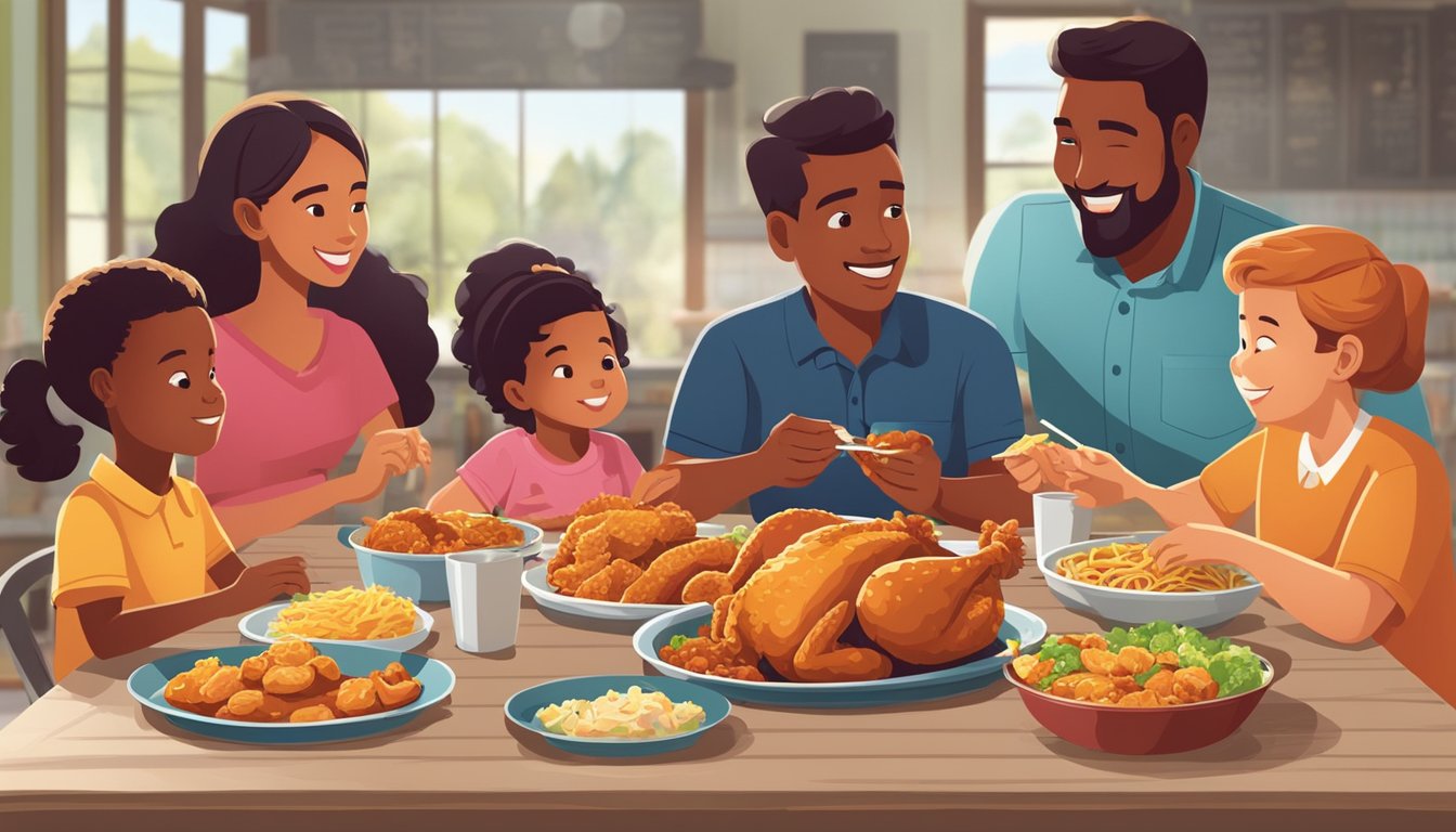 A family gathers around a table with a spread of Texas Chicken meals, enjoying a budget-friendly and delicious meal together