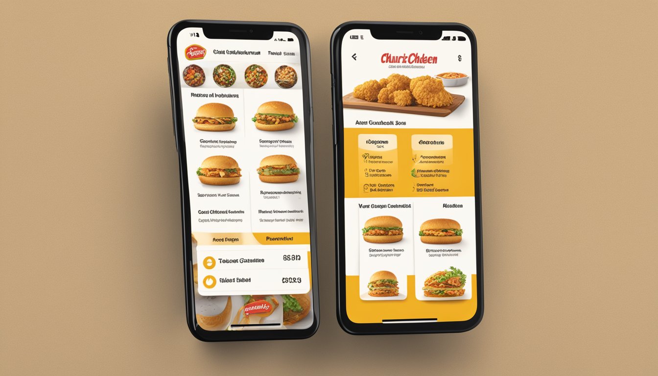 A smartphone displaying a customizable menu with six Church's Texas Chicken app features