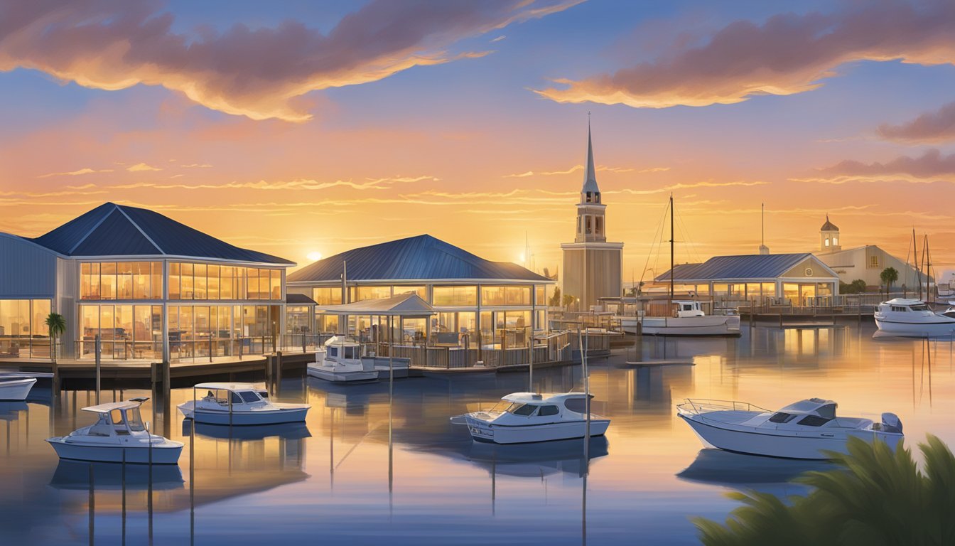 The sun sets over the Corpus Christi Marina, with 8 Church's Texas Chicken locations offering picturesque views of the waterfront