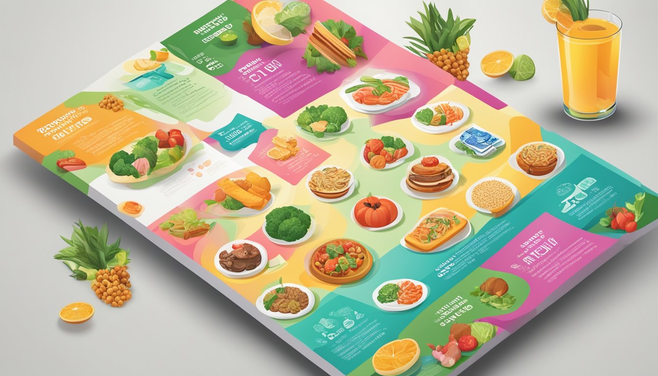 A colorful flyer with bold text and images of food items, surrounded by money-saving icons and graphics