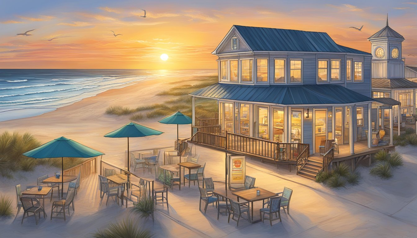 The sun sets over the tranquil Port Aransas beach, with Church's Texas Chicken locations dotting the coastline, offering breathtaking views