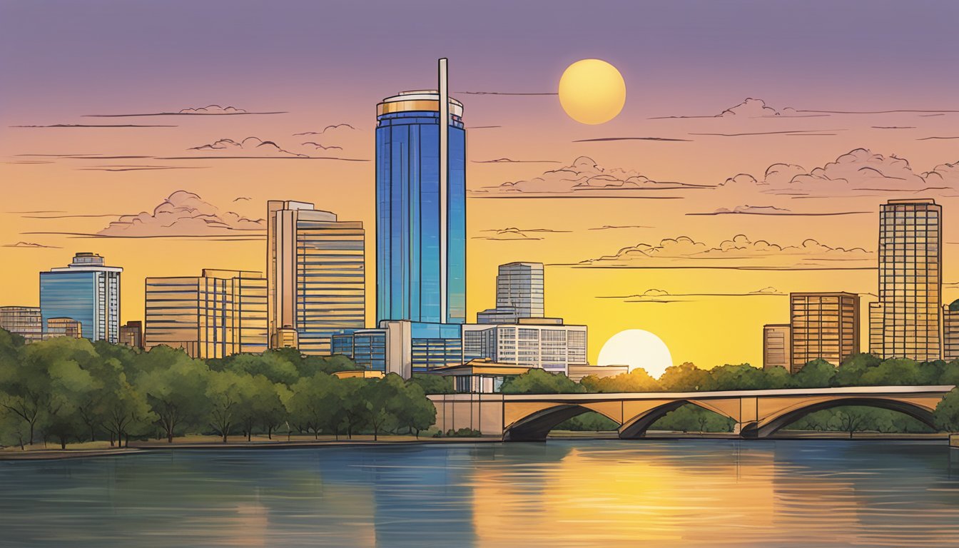 The sun sets over Lady Bird Lake, highlighting 8 Church's Texas Chicken locations with stunning views of Austin, TX