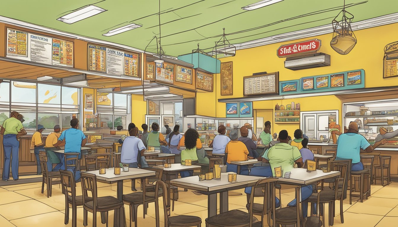 The scene depicts a Church's Texas Chicken restaurant with various pricing signs and a list of money-saving tips. Customers are seen enjoying their meals while others take note of the cost-saving suggestions