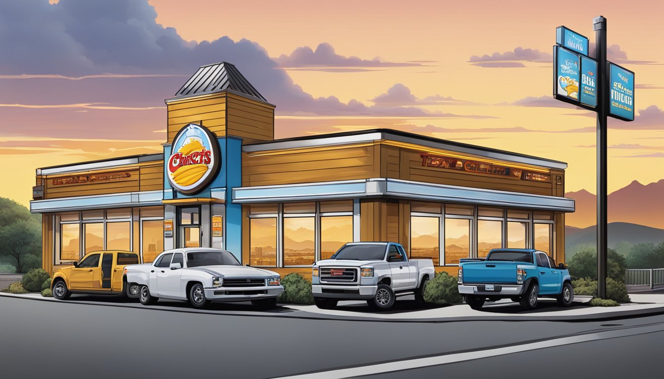 A row of 8 Church's Texas Chicken locations set against scenic views of mountains, beaches, and city skylines