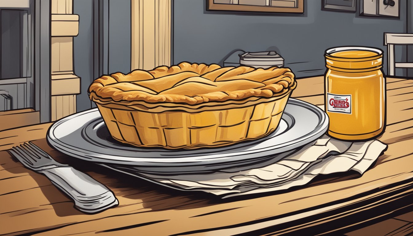 A warm apple pie sits on a table next to a bucket of Church's Texas Chicken. A tempting dessert spread worth saving room for