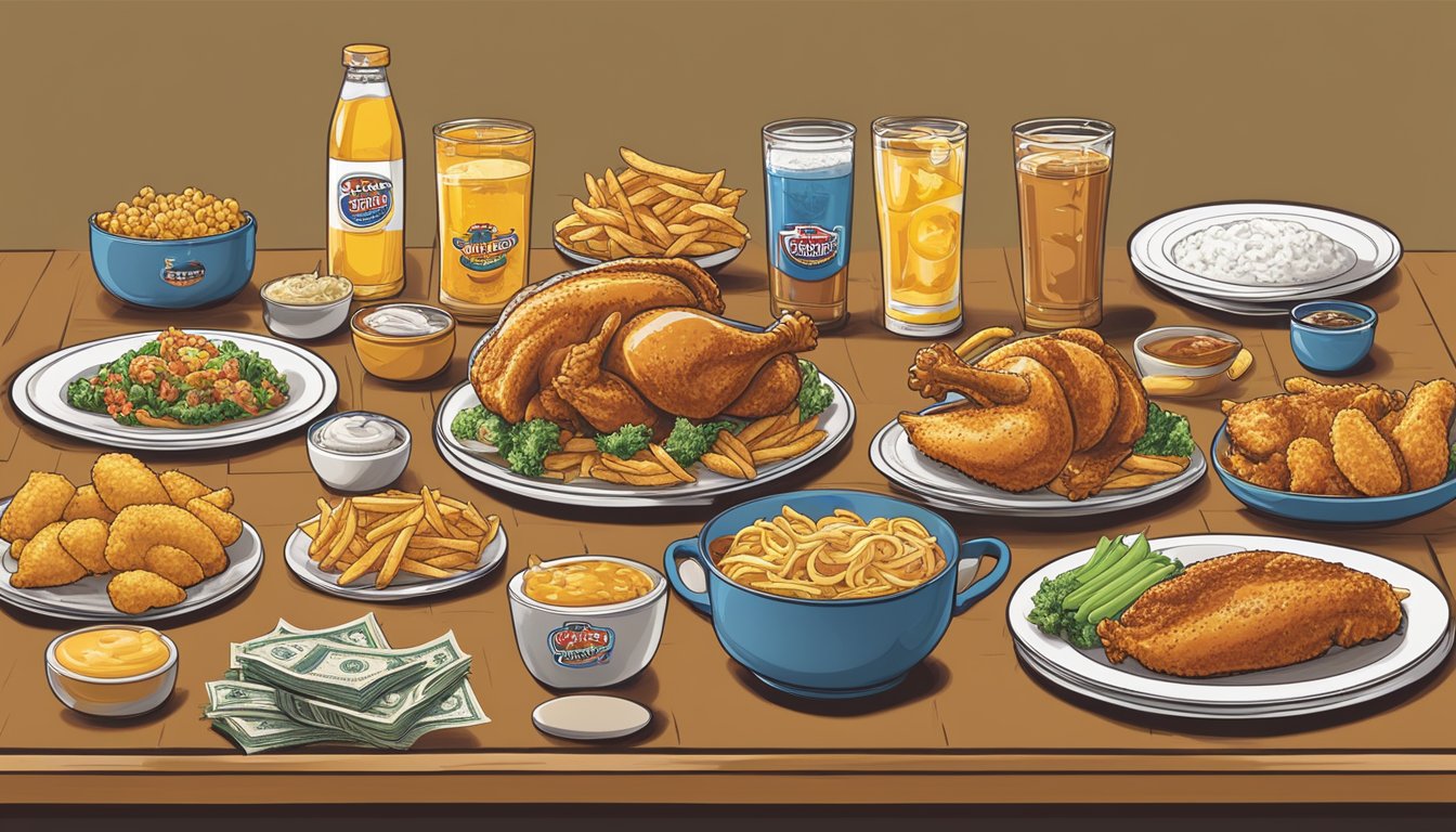 A table with 10 different meal combinations, surrounded by money-saving symbols and Church's Texas Chicken branding