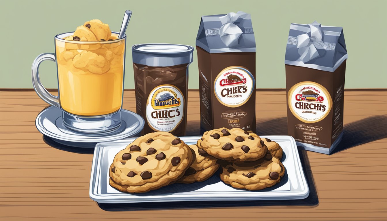 A plate of warm chocolate chip cookies sits next to a box of Church's Texas Chicken desserts, tempting and delicious