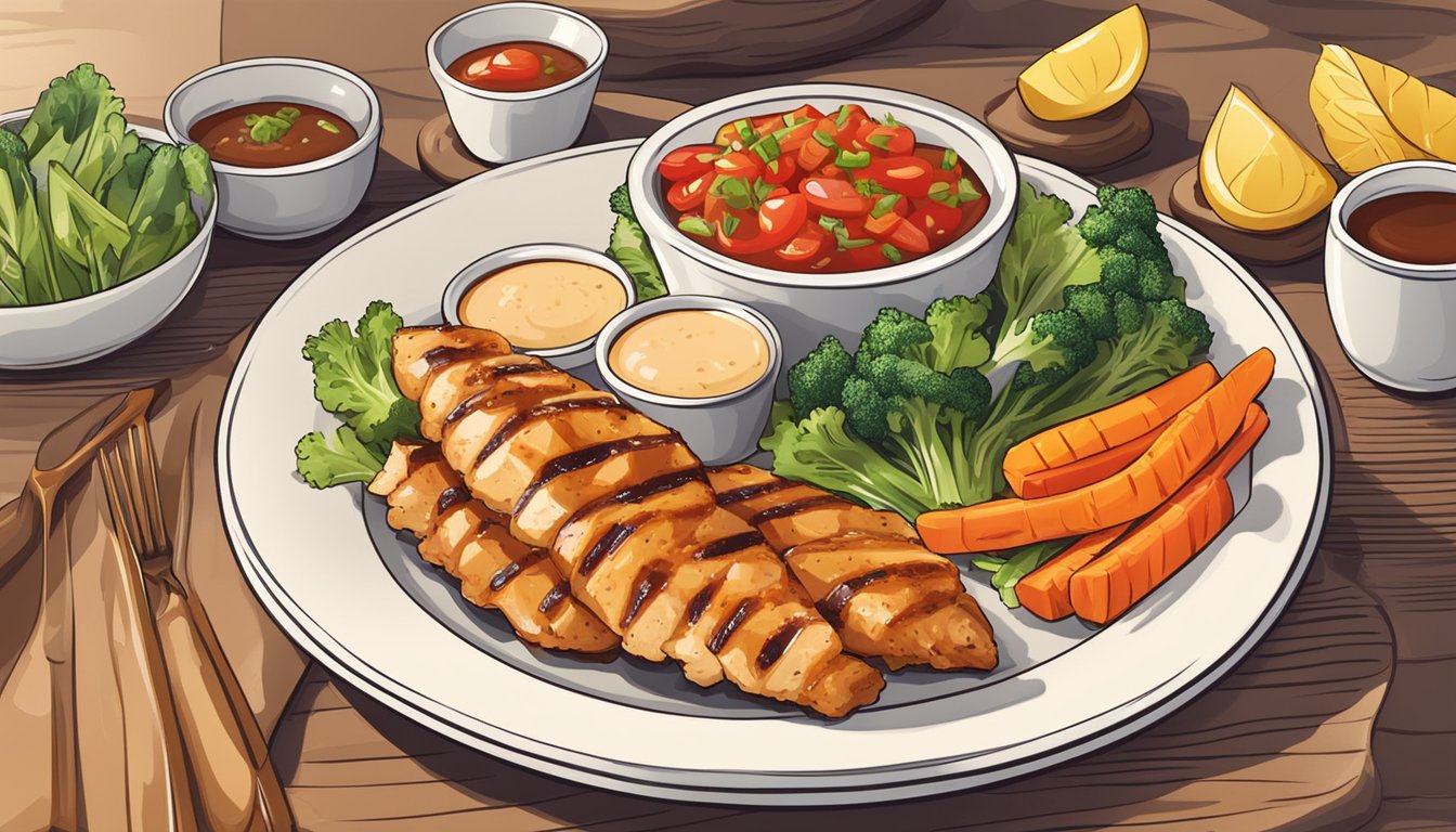 A plate of grilled chicken breast tender strips surrounded by fresh vegetables and a side of sauce