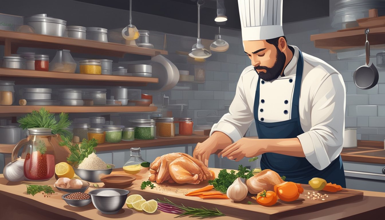 A chef marinating chicken in a kitchen surrounded by various ingredients and spices