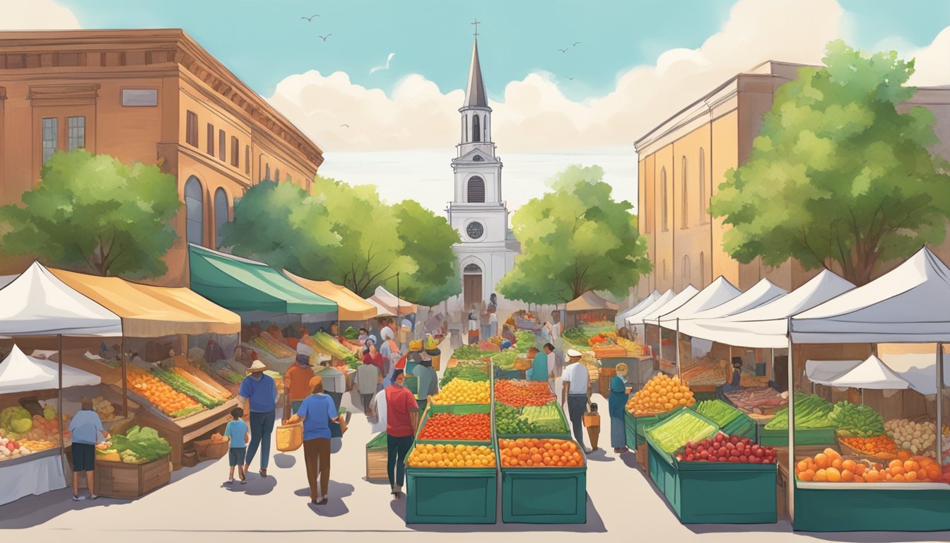 A bustling farmer's market with colorful stalls overflowing with fresh fruits and vegetables, surrounded by smiling local farmers and Church's Texas Chicken representatives