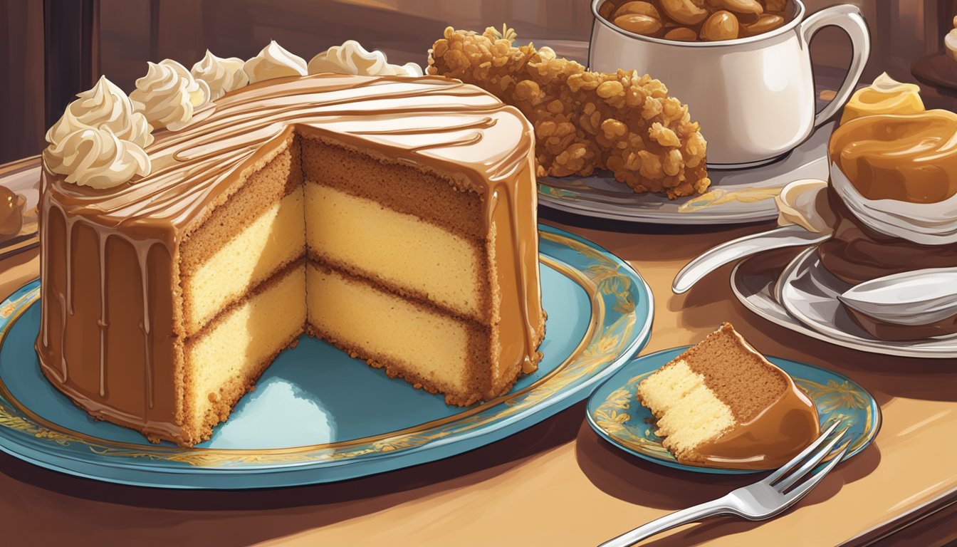 A rich, double caramel cake sits on a platter next to a tempting array of Texas Chicken desserts