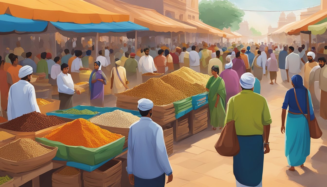 A bustling marketplace in India, filled with vibrant colors and exotic aromas, as merchants from around the world gather to source unique spices for Church's Texas Chicken's supply chain