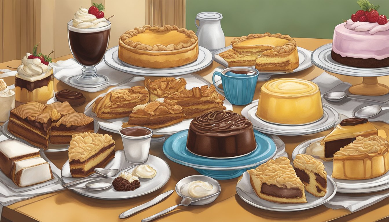 A table set with a variety of decadent desserts from Church's Texas Chicken, including pies, cakes, and ice cream sundaes