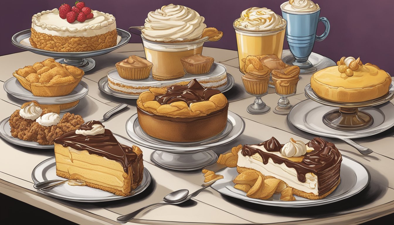 A table set with eight decadent desserts from Church's Texas Chicken, including pies, cakes, and ice cream sundaes, all beautifully presented and ready to be enjoyed