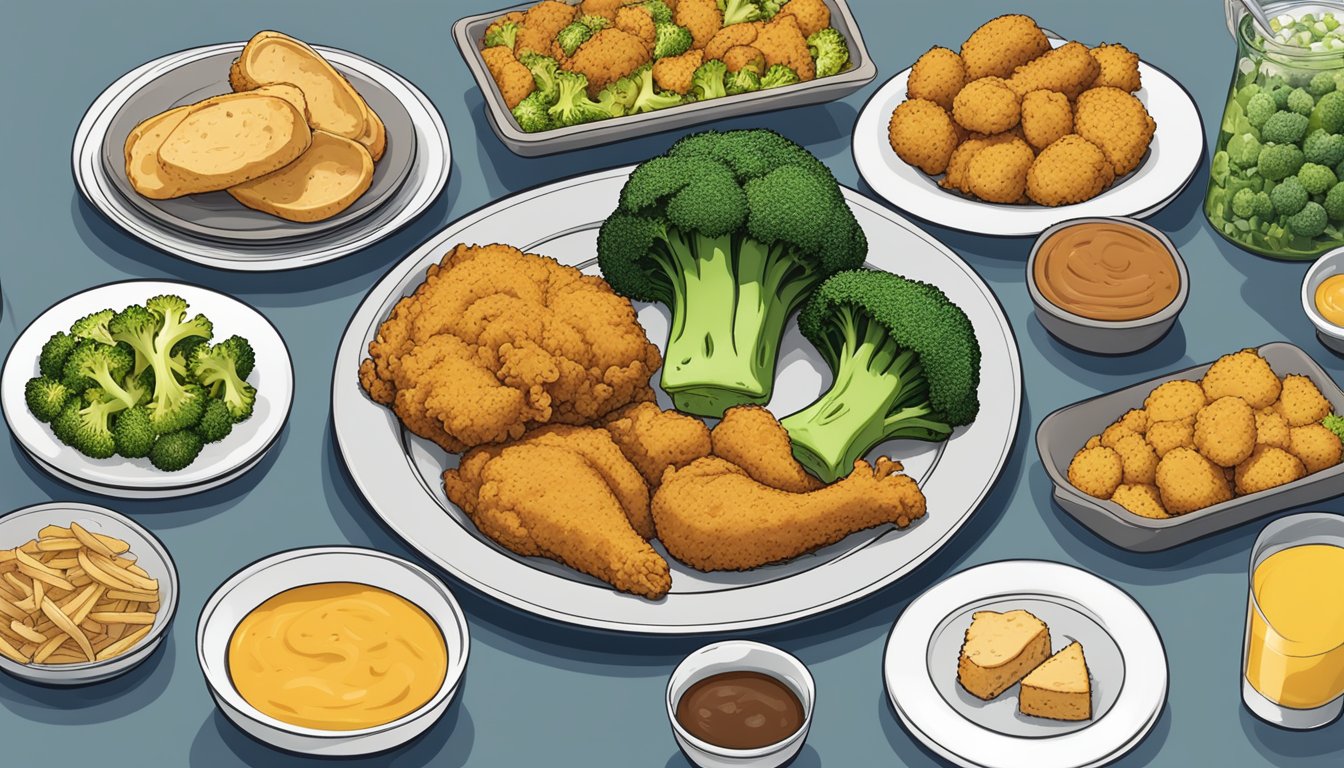 A plate of baked broccoli surrounded by 15 Texas Chicken menu items under 500 calories