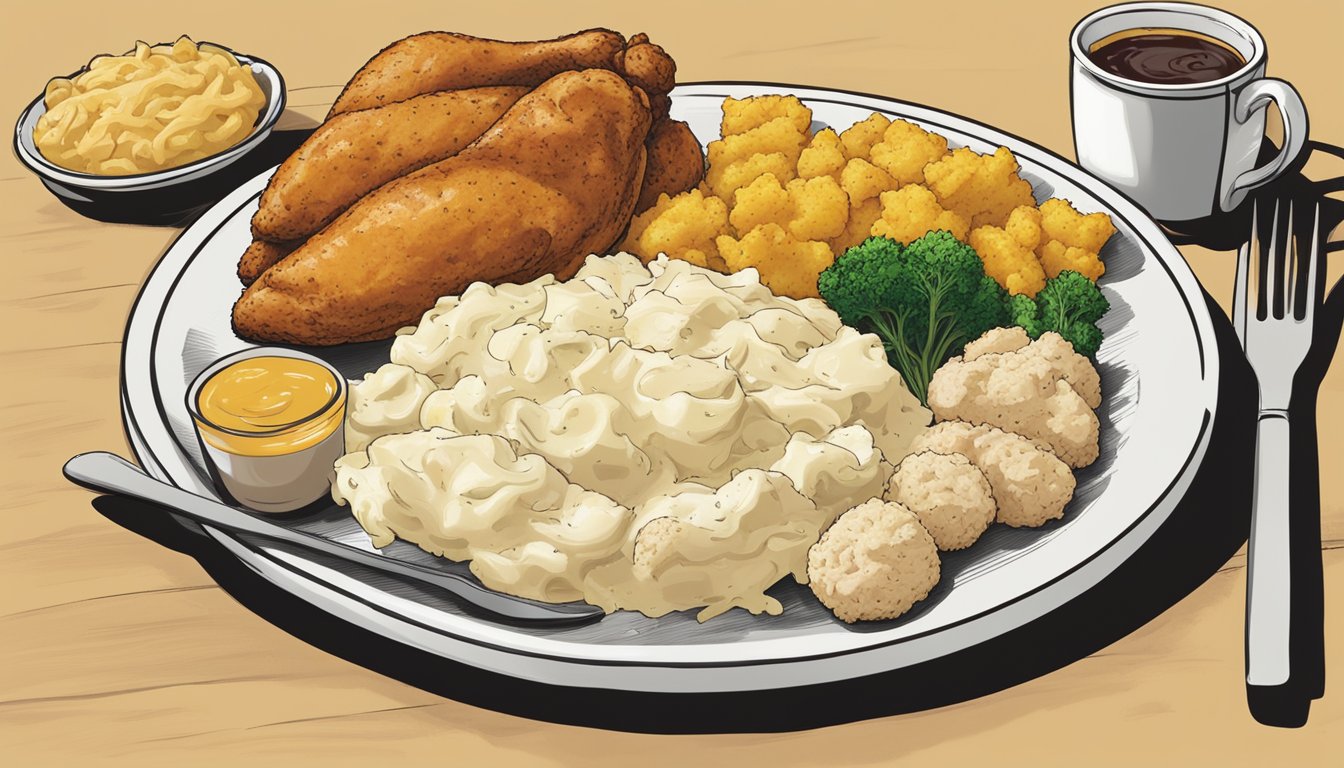 A plate of small mashed potatoes surrounded by 15 Church's Texas Chicken menu items under 500 calories