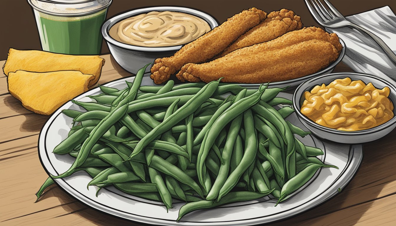 A plate of green beans and a menu featuring 15 Church's Texas Chicken items under 500 calories