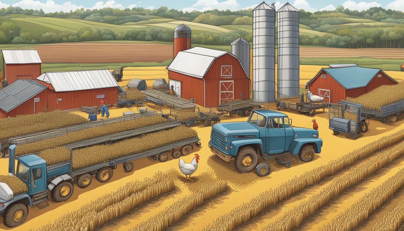 A bustling farm with rows of plump, golden cornstalks and a chicken coop filled with clucking hens. Trucks loaded with fresh produce and grain line up outside a large processing plant