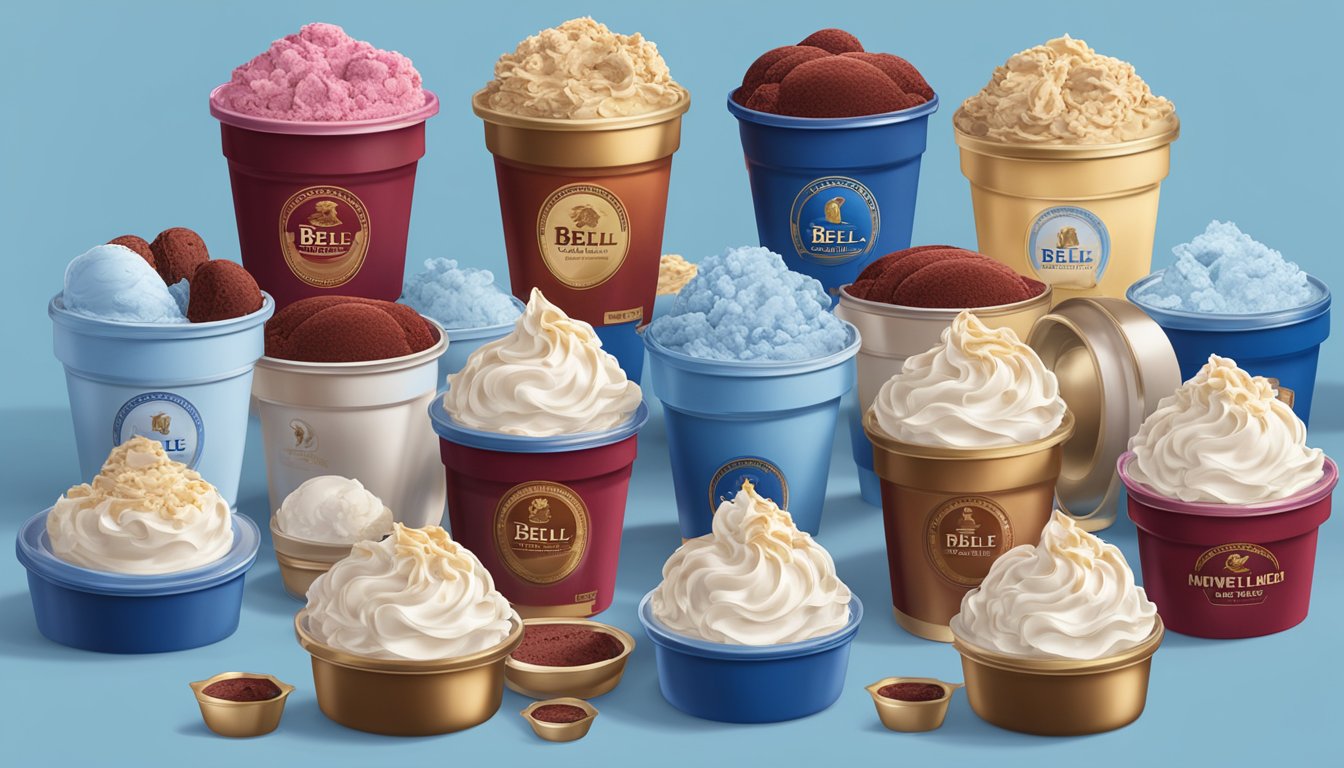 A decadent red velvet cake surrounded by seven empty containers of Blue Bell ice cream flavors