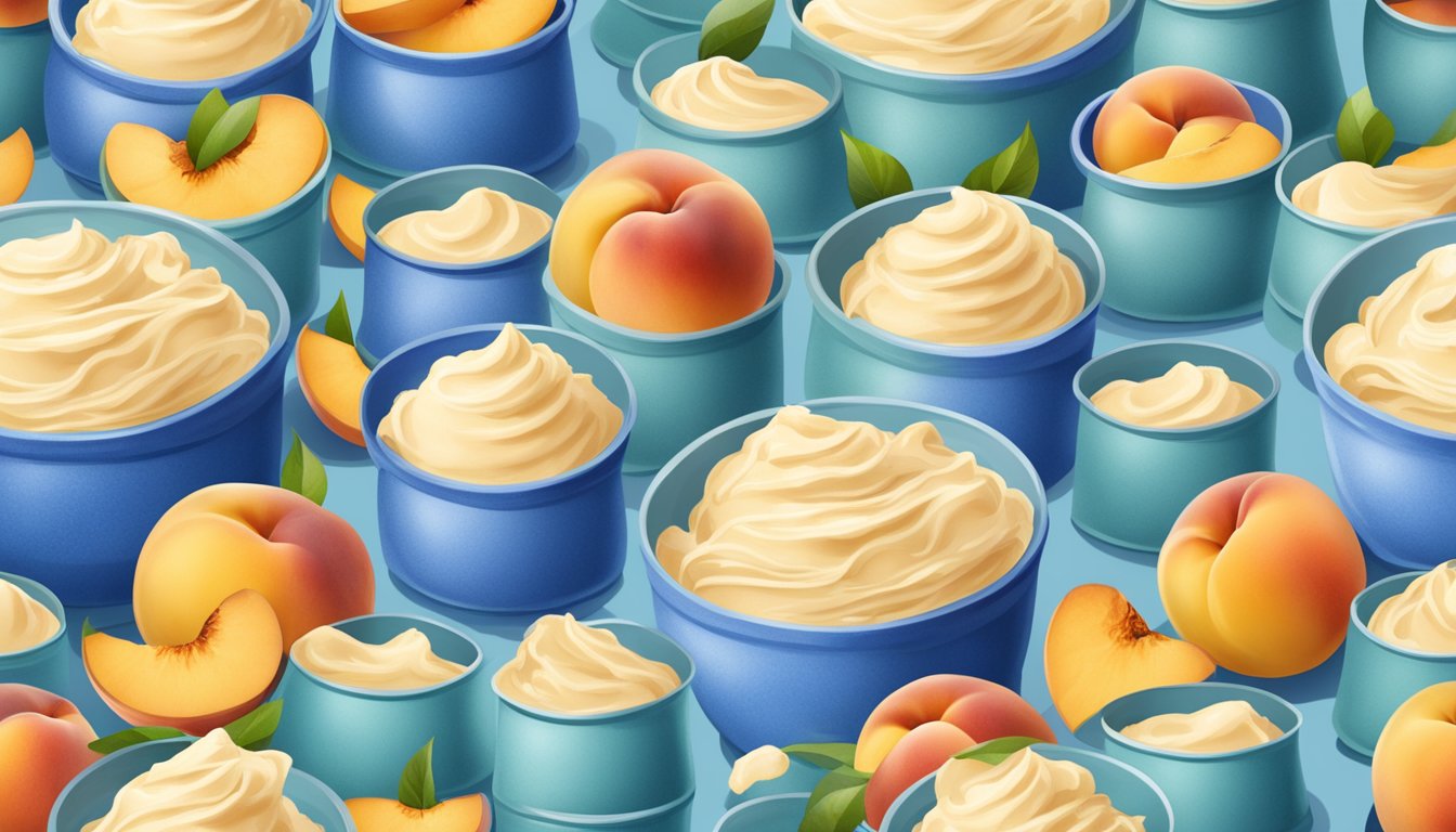 A bowl of peach and homemade vanilla ice cream surrounded by seven empty Blue Bell containers