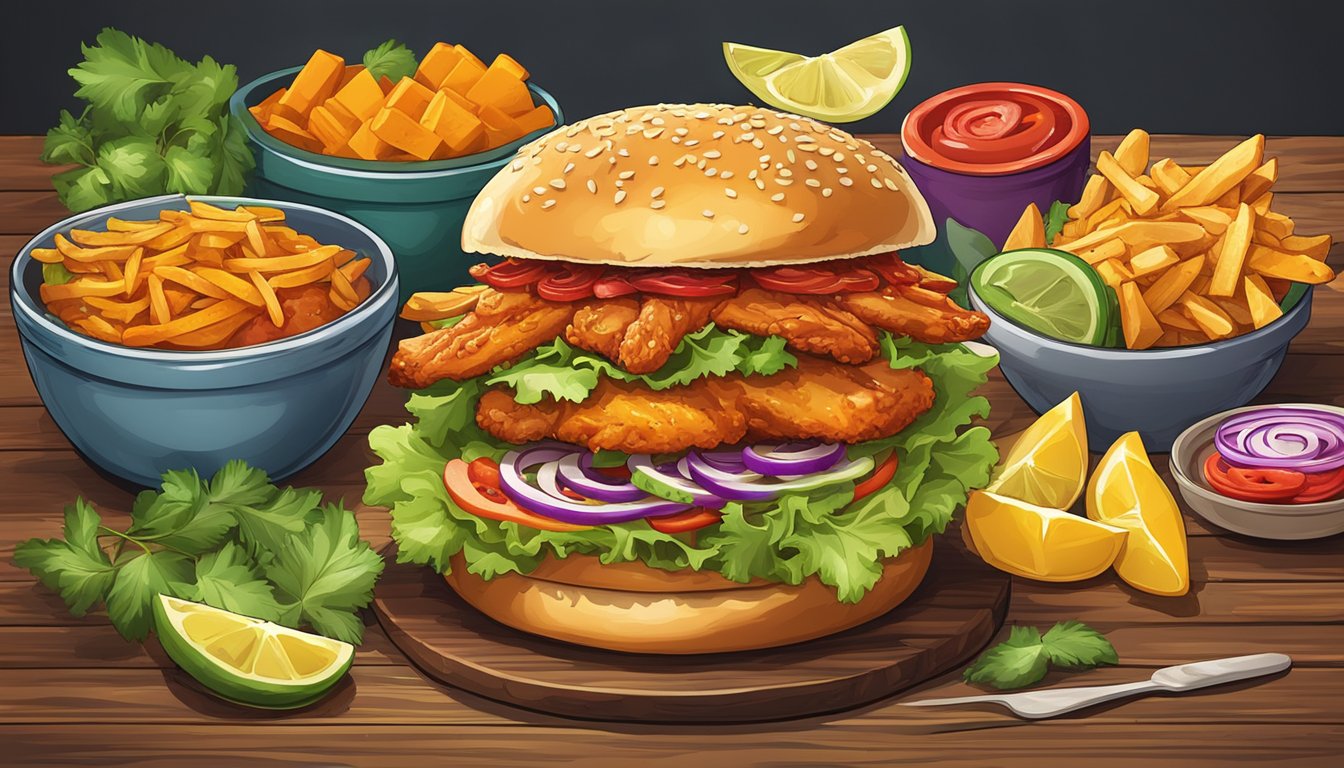 A vibrant, mouth-watering spicy chicken sandwich surrounded by colorful garnishes and served on a rustic wooden table