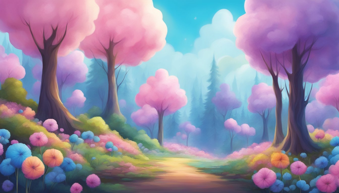 A colorful cotton candy forest with seven blue bell flowers fading away