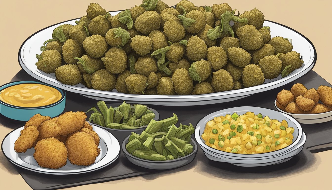 A plate of fried okra surrounded by 15 menu items from Church's Texas Chicken, all under 500 calories