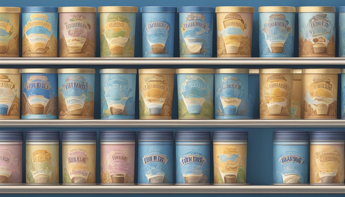 A colorful display of vintage Blue Bell ice cream cartons lined up on a retro-style shelf, showcasing the 7 discontinued flavors in a nostalgic setting