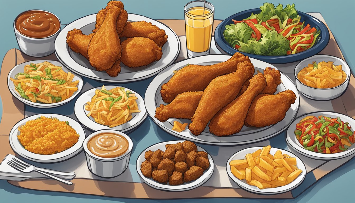 A plate of spicy drumsticks surrounded by 15 menu items from Church's Texas Chicken under 500 calories