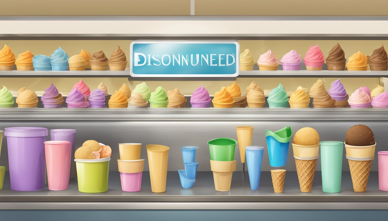 A collection of seven melting ice cream cones surrounded by empty containers, with a "discontinued" sign on the store display