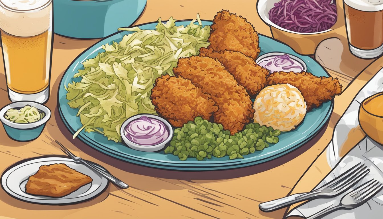 A colorful plate with a small coleslaw alongside 15 menu items from Church's Texas Chicken, all under 500 calories