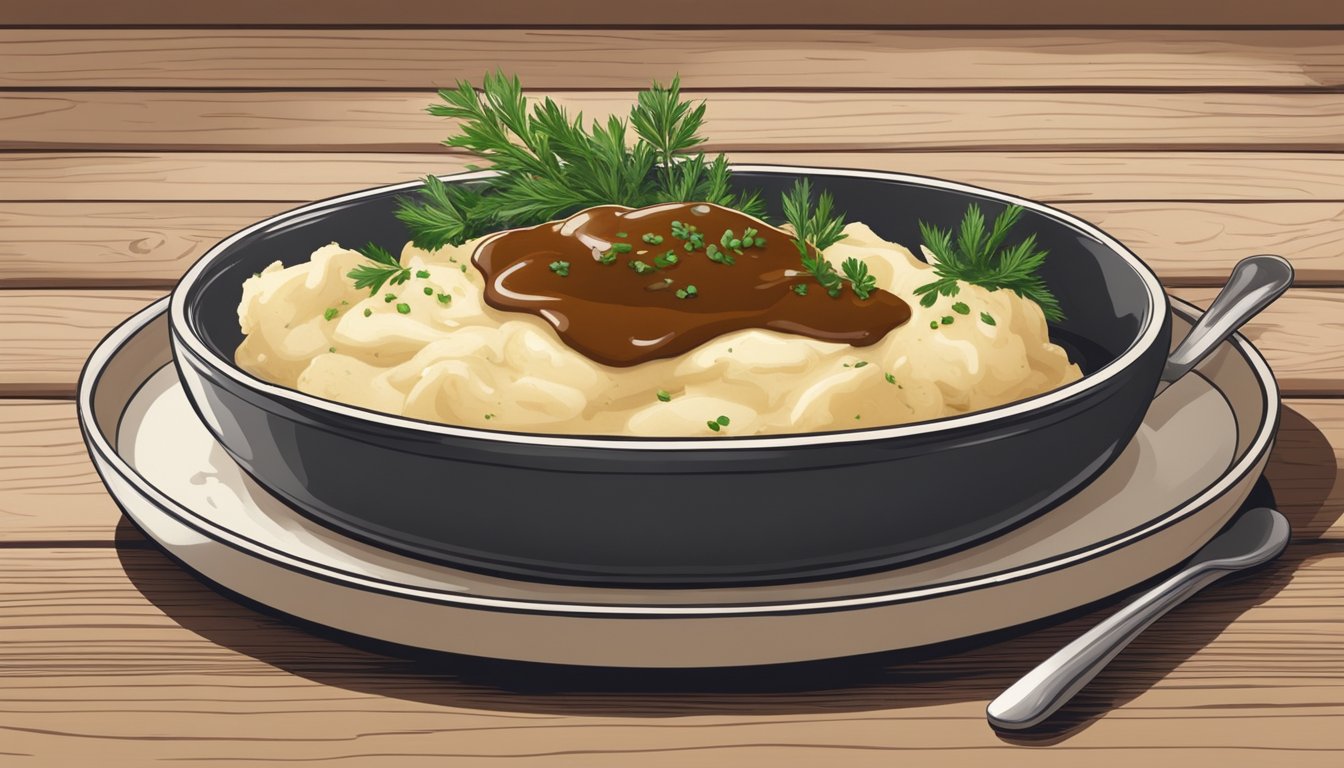 A plate of creamy mashed potatoes topped with rich brown gravy, garnished with a sprinkle of herbs, sits on a rustic wooden table