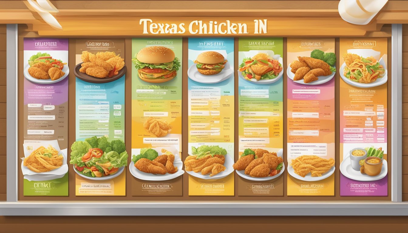 A colorful menu board featuring 15 Texas Chicken items under 500 calories, surrounded by images of delicious and healthy food options