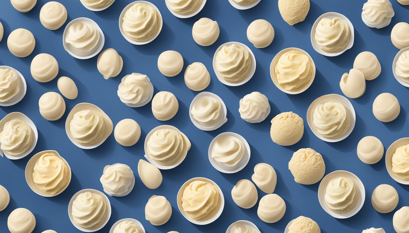 A scoop of homemade vanilla ice cream surrounded by 11 other Blue Bell flavors, arranged in a circular pattern on a marble countertop