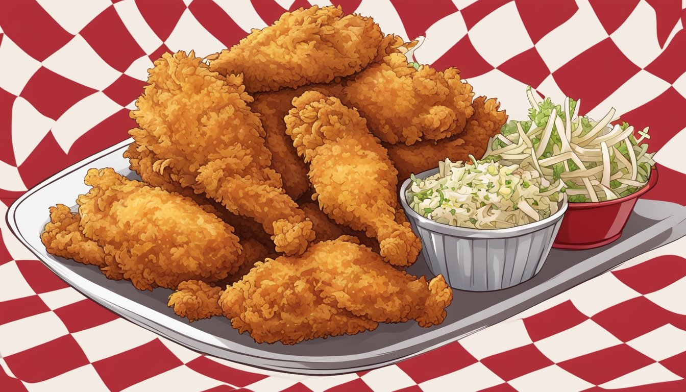 A platter of golden fried chicken, nestled in a red and white checkered basket, surrounded by crispy fries and a side of coleslaw