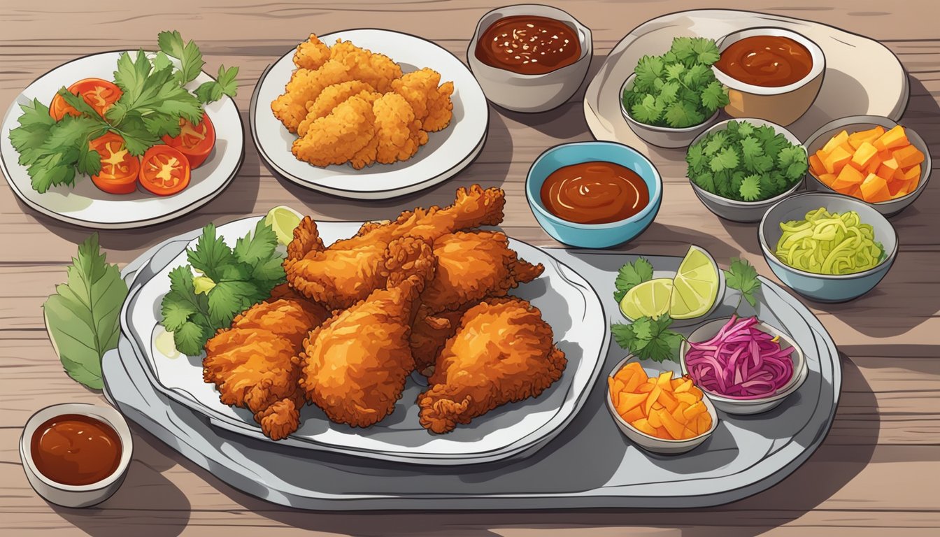 A plate of crispy fried chicken drizzled with vibrant sweet and spicy sauce, surrounded by colorful side dishes and garnished with fresh herbs