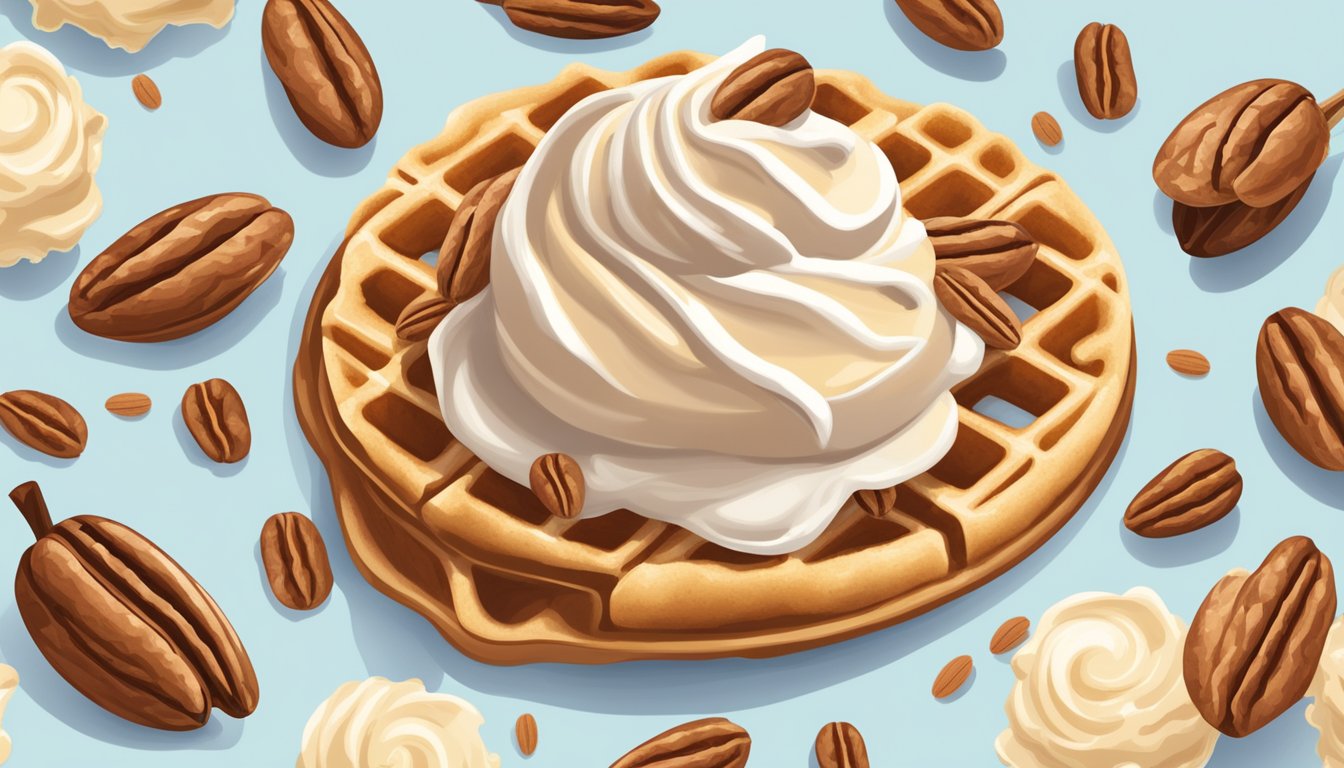 A scoop of butter pecan ice cream sits on a waffle cone, surrounded by scattered pecans and a dollop of whipped cream