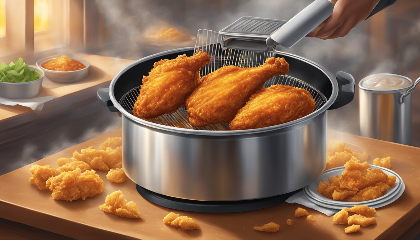 A sizzling piece of Church's Texas Chicken's Spicy Chicken is being pulled out of a deep fryer, with a crispy, crunchy coating glistening in the light